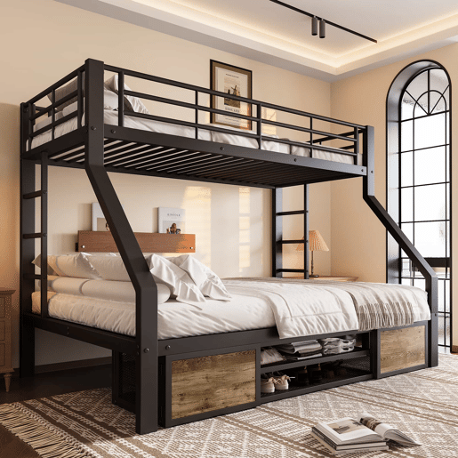 Beliche 90x200 cm + 140x200 cm - Cama infantil com sapateira, prateleiras, grades, escada, certificada EN747 - Preto Beliche 90x200 cm + 140x200 cm - Cama infantil com sapateira, prateleiras, grades, escada, certificada EN747 - Preto