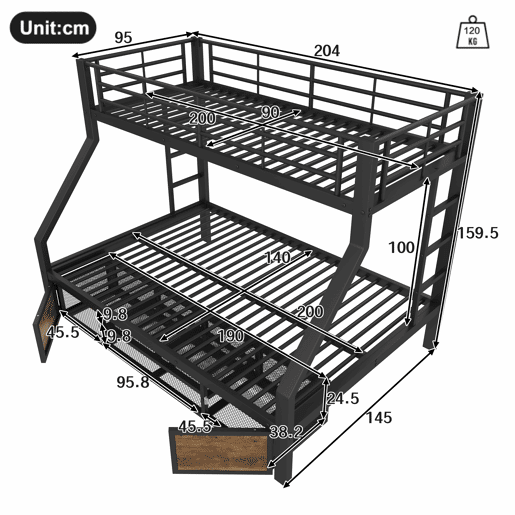 Beliche 90x200 cm + 140x200 cm - Cama infantil com sapateira, prateleiras, grades, escada, certificada EN747 - Preto Beliche 90x200 cm + 140x200 cm - Cama infantil com sapateira, prateleiras, grades, escada, certificada EN747 - Preto