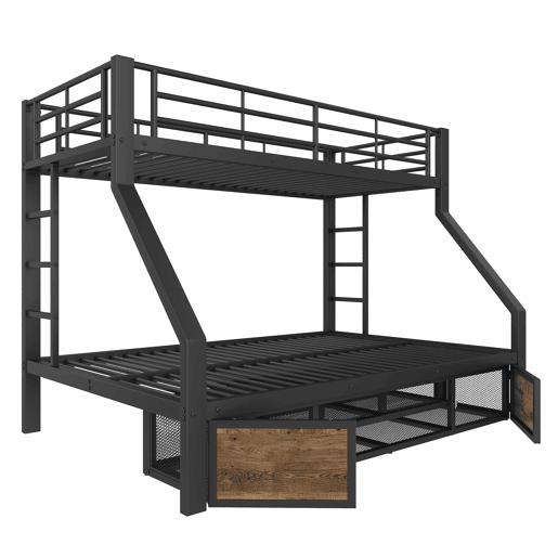 Beliche 90x200 cm + 140x200 cm - Cama infantil com sapateira, prateleiras, grades, escada, certificada EN747 - Preto Beliche 90x200 cm + 140x200 cm - Cama infantil com sapateira, prateleiras, grades, escada, certificada EN747 - Preto