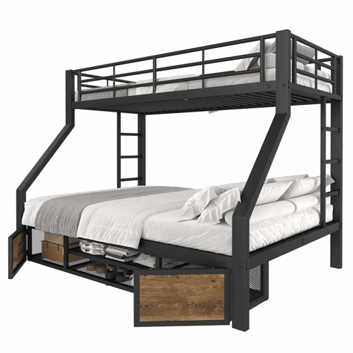 Beliche 90x200 cm + 140x200 cm - Cama infantil com sapateira, prateleiras, grades, escada, certificada EN747 - Preto Beliche 90x200 cm + 140x200 cm - Cama infantil com sapateira, prateleiras, grades, escada, certificada EN747 - Preto