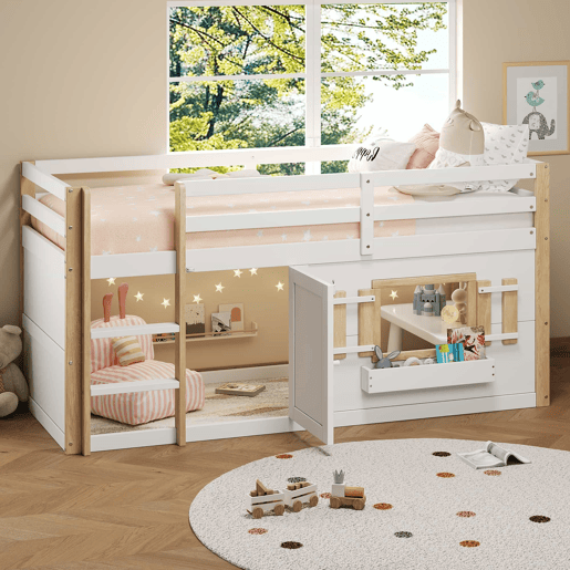 Cama infantil 90x200 cm - Beliche multifuncional com escada e área de brincar - Branco Cama infantil 90x200 cm - Beliche multifuncional com escada e área de brincar - Branco