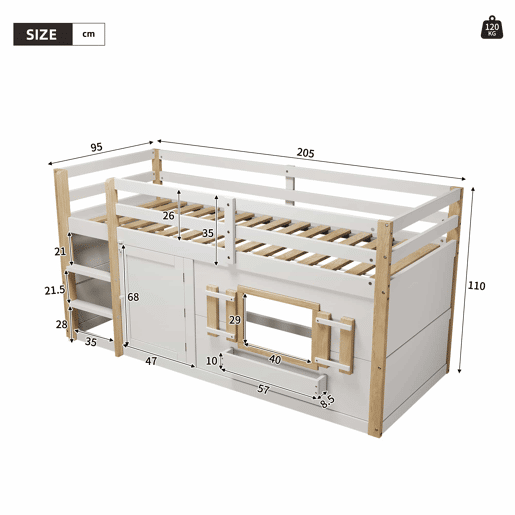 Cama infantil 90x200 cm - Beliche multifuncional com escada e área de brincar - Branco Cama infantil 90x200 cm - Beliche multifuncional com escada e área de brincar - Branco