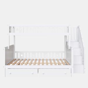 Cama infantil 90x200140x200 cm - Beliche em madeira maciça com escada de segurança, 2 gavetas - Branco