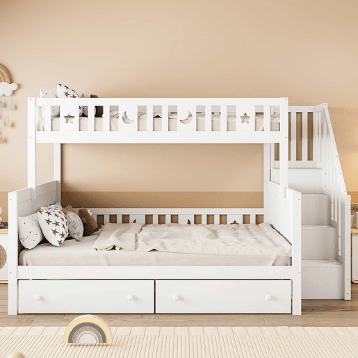 Cama infantil 90x200140x200 cm - Beliche em madeira maciça com escada de segurança, 2 gavetas - Branco