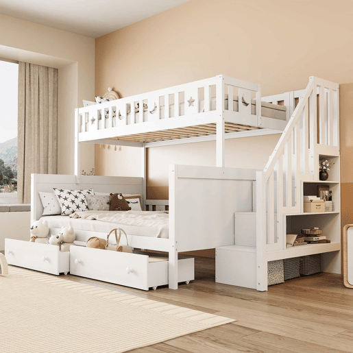 Cama infantil 90x200140x200 cm - Beliche em madeira maciça com escada de segurança, 2 gavetas - Branco