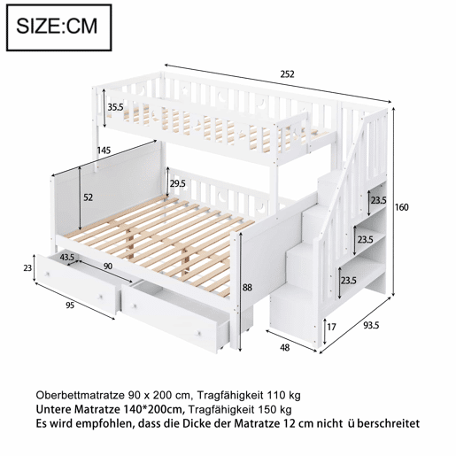 Cama infantil 90x200140x200 cm - Beliche em madeira maciça com escada de segurança, 2 gavetas - Branco