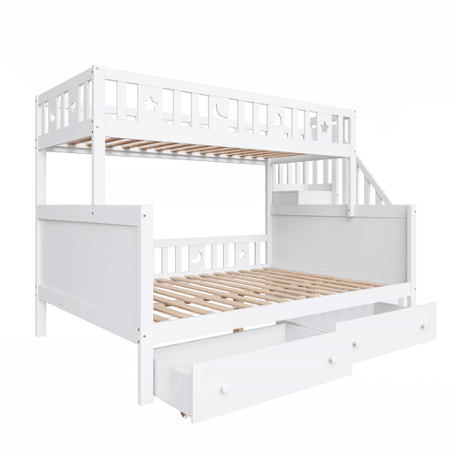 Cama infantil 90x200140x200 cm - Beliche em madeira maciça com escada de segurança, 2 gavetas - Branco