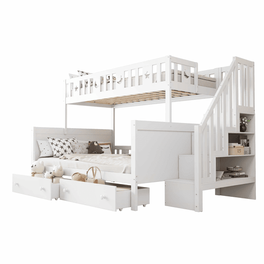 Cama infantil 90x200140x200 cm - Beliche em madeira maciça com escada de segurança, 2 gavetas - Branco