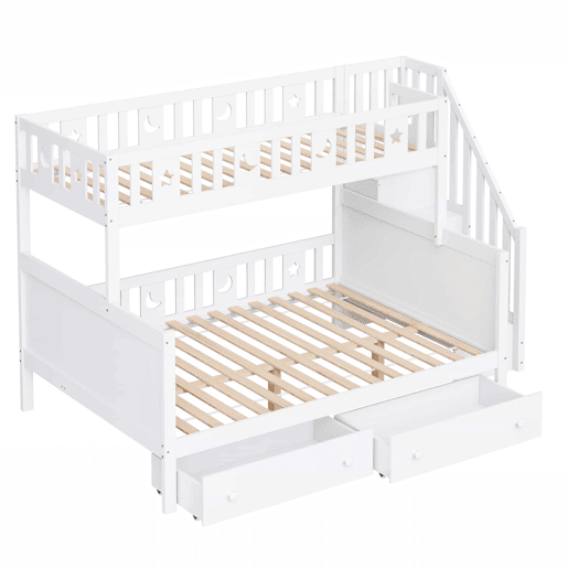 Cama infantil 90x200140x200 cm - Beliche em madeira maciça com escada de segurança, 2 gavetas - Branco