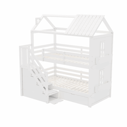 Beliche para crianças 90x200cm - com escada de arrumação + 2 gavetas + prateleiras - em madeira de pinho e MDF - Branco Beliche para crianças 90x200cm - com escada de arrumação + 2 gavetas + prateleiras - em madeira de pinho e MDF - Branco