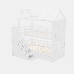 Beliche para crianças 90x200cm - com escada de arrumação + 2 gavetas + prateleiras - em madeira de pinho e MDF - Branco