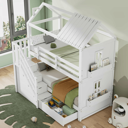 Beliche para crianças 90x200cm - com escada de arrumação + 2 gavetas + prateleiras - em madeira de pinho e MDF - Branco Beliche para crianças 90x200cm - com escada de arrumação + 2 gavetas + prateleiras - em madeira de pinho e MDF - Branco