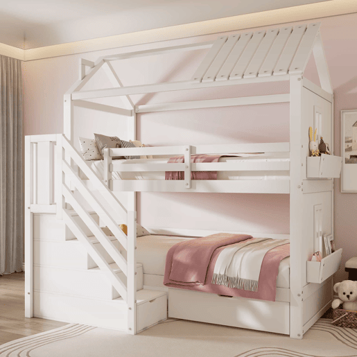 Beliche para crianças 90x200cm - com escada de arrumação + 2 gavetas + prateleiras - em madeira de pinho e MDF - Branco Beliche para crianças 90x200cm - com escada de arrumação + 2 gavetas + prateleiras - em madeira de pinho e MDF - Branco