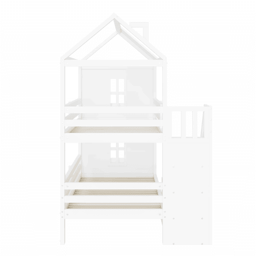 Beliche para crianças 90x200cm - com escada de arrumação + 2 gavetas + prateleiras - em madeira de pinho e MDF - Branco Beliche para crianças 90x200cm - com escada de arrumação + 2 gavetas + prateleiras - em madeira de pinho e MDF - Branco