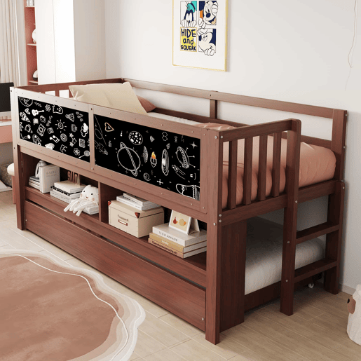 Cama infantil 90x200 - Cama extensível, com quadro negro, arrumação aberta, escada, madeira maciça - Castanho Cama infantil 90x200 - Cama extensível, com quadro negro, arrumação aberta, escada, madeira maciça - Castanho
