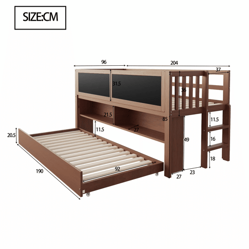 Cama infantil 90x200 - Cama extensível, com quadro negro, arrumação aberta, escada, madeira maciça - Castanho Cama infantil 90x200 - Cama extensível, com quadro negro, arrumação aberta, escada, madeira maciça - Castanho