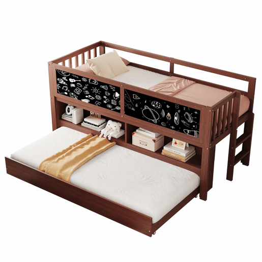 Cama infantil 90x200 - Cama extensível, com quadro negro, arrumação aberta, escada, madeira maciça - Castanho Cama infantil 90x200 - Cama extensível, com quadro negro, arrumação aberta, escada, madeira maciça - Castanho