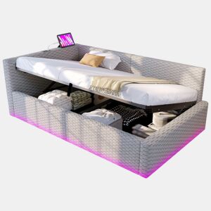 Cama estofada 90 x 200 cm u2013 com iluminação LED, portas USB e encosto L macio u2013 Cinza