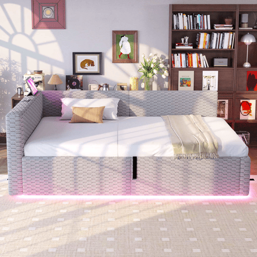 Cama estofada 90 x 200 cm u2013 com iluminação LED, portas USB e encosto L macio u2013 Cinza Cama estofada 90 x 200 cm u2013 com iluminação LED, portas USB e encosto L macio u2013 Cinza