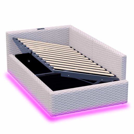 Cama estofada 90 x 200 cm u2013 com iluminação LED, portas USB e encosto L macio u2013 Cinza Cama estofada 90 x 200 cm u2013 com iluminação LED, portas USB e encosto L macio u2013 Cinza