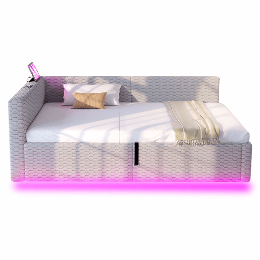 Cama estofada 90 x 200 cm u2013 com iluminação LED, portas USB e encosto L macio u2013 Cinza Cama estofada 90 x 200 cm u2013 com iluminação LED, portas USB e encosto L macio u2013 Cinza