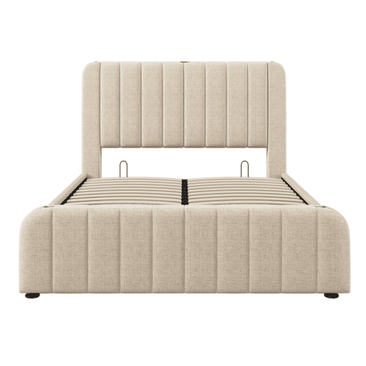 Cama de casal 140x200 - Cabeceira estofada com tiras douradas e entrada USB Tipo-C, armazenamento hidráulico - Bege