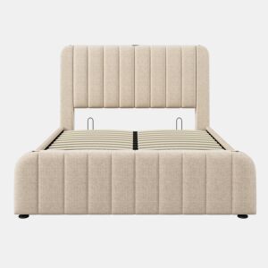 Cama de casal 140x200 - Cabeceira estofada com tiras douradas e entrada USB Tipo-C, armazenamento hidráulico - Bege