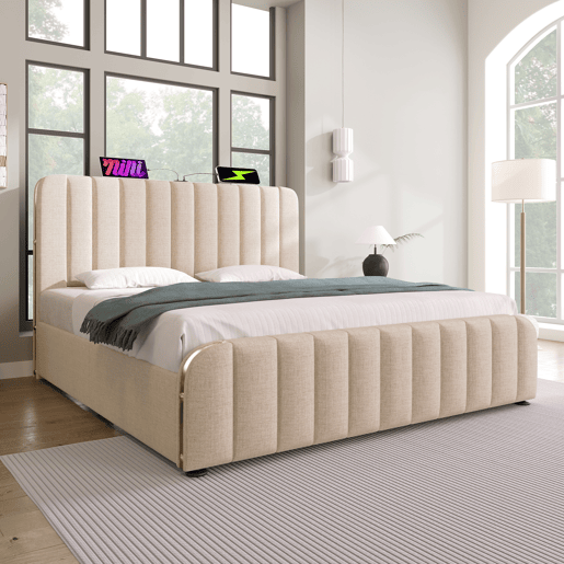 Cama de casal 140x200 - Cabeceira estofada com tiras douradas e entrada USB Tipo-C, armazenamento hidráulico - Bege