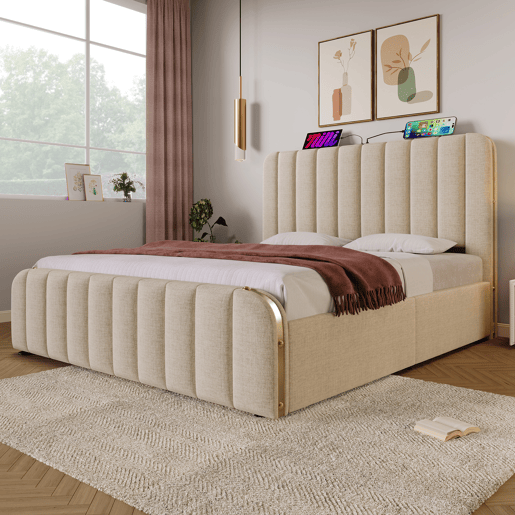 Cama de casal 140x200 - Cabeceira estofada com tiras douradas e entrada USB Tipo-C, armazenamento hidráulico - Bege