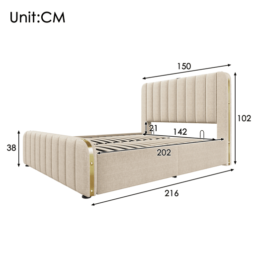 Cama de casal 140x200 - Cabeceira estofada com tiras douradas e entrada USB Tipo-C, armazenamento hidráulico - Bege