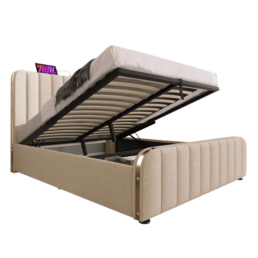 Cama de casal 140x200 - Cabeceira estofada com tiras douradas e entrada USB Tipo-C, armazenamento hidráulico - Bege