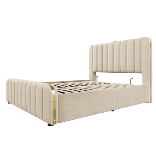 Cama de casal 140x200 - Cabeceira estofada com tiras douradas e entrada USB Tipo-C, armazenamento hidráulico - Bege