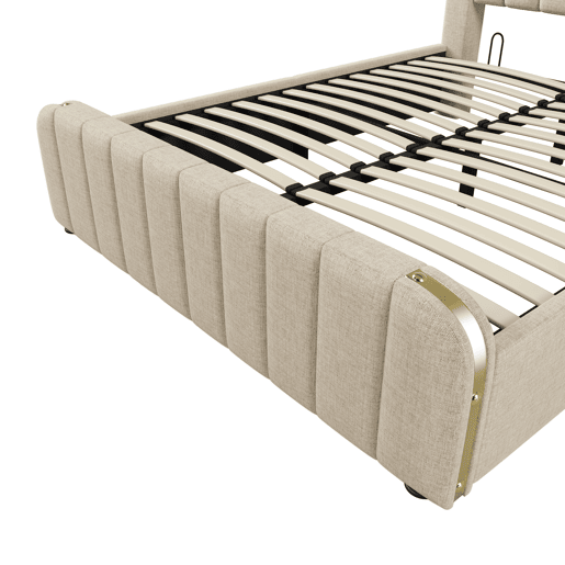 Cama de casal 140x200 - Cabeceira estofada com tiras douradas e entrada USB Tipo-C, armazenamento hidráulico - Bege