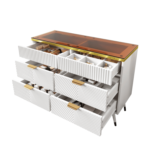 Cómoda com 6 gavetas e compartimentos divididos - tampo de vidro - Branco
