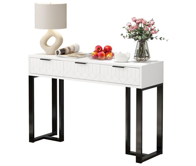 Mesa consola moderna, con 2 cajones, pies ajustables, blanco y negro