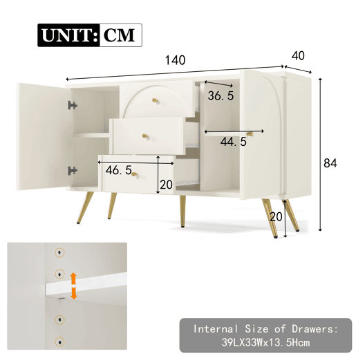 Cómoda com 3 gavetas e 2 portas - pés dourados - em aglomerado de madeira - Branco Cómoda com 3 gavetas e 2 portas - pés dourados - em aglomerado de madeira - Branco