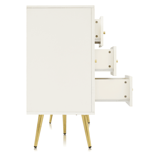 Cómoda com 3 gavetas e 2 portas - pés dourados - em aglomerado de madeira - Branco Cómoda com 3 gavetas e 2 portas - pés dourados - em aglomerado de madeira - Branco