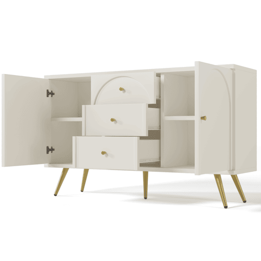 Cómoda com 3 gavetas e 2 portas - pés dourados - em aglomerado de madeira - Branco Cómoda com 3 gavetas e 2 portas - pés dourados - em aglomerado de madeira - Branco