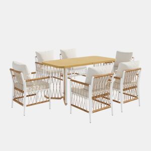 Conjunto de jardim exterior para várias pessoas - estrutura em ferro, braços trançados, almofadas incluídas - begecastanhonatural