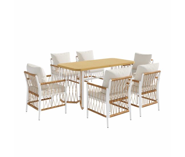 Conjunto de jardín exterior para varias personas - estructura de hierro, reposabrazos trenzados, cojines incluidos - beige/marrón/natural