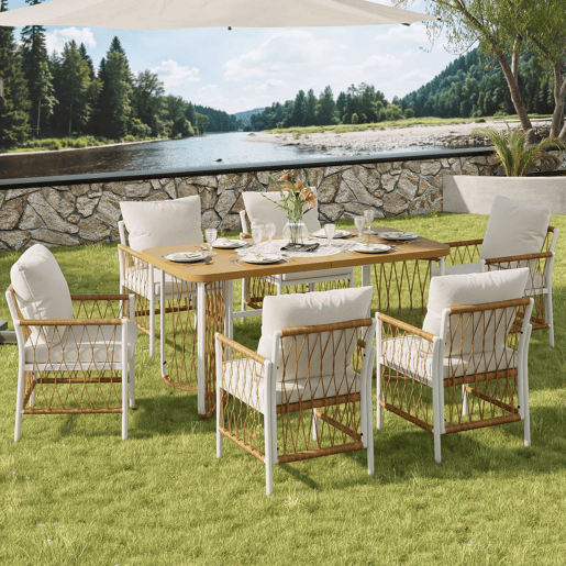 Conjunto de jardim exterior para várias pessoas - estrutura em ferro, braços trançados, almofadas incluídas - begecastanhonatural Conjunto de jardim exterior para várias pessoas - estrutura em ferro, braços trançados, almofadas incluídas - begecastanhonatural
