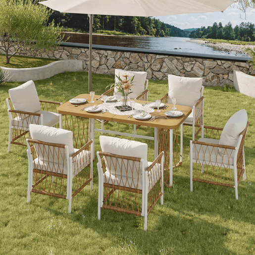 Conjunto de jardim exterior para várias pessoas - estrutura em ferro, braços trançados, almofadas incluídas - begecastanhonatural Conjunto de jardim exterior para várias pessoas - estrutura em ferro, braços trançados, almofadas incluídas - begecastanhonatural