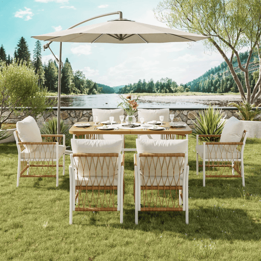 Conjunto de jardim exterior para várias pessoas - estrutura em ferro, braços trançados, almofadas incluídas - begecastanhonatural Conjunto de jardim exterior para várias pessoas - estrutura em ferro, braços trançados, almofadas incluídas - begecastanhonatural