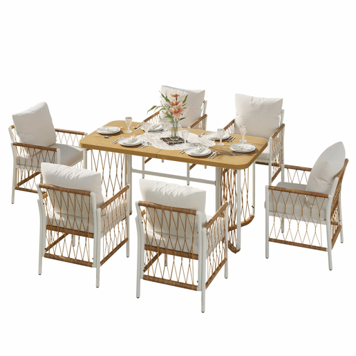 Conjunto de jardim exterior para várias pessoas - estrutura em ferro, braços trançados, almofadas incluídas - begecastanhonatural Conjunto de jardim exterior para várias pessoas - estrutura em ferro, braços trançados, almofadas incluídas - begecastanhonatural