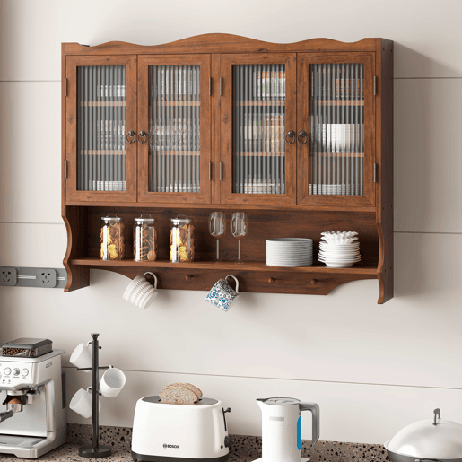 Armário de parede retro 100 cm - 4 portas, 2 níveis de armazenamento e gancho aberto - Castanho Armário de parede retro 100 cm - 4 portas, 2 níveis de armazenamento e gancho aberto - Castanho