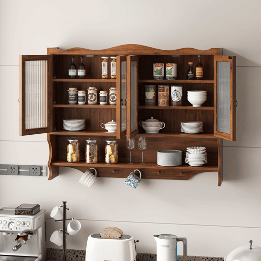 Armário de parede retro 100 cm - 4 portas, 2 níveis de armazenamento e gancho aberto - Castanho Armário de parede retro 100 cm - 4 portas, 2 níveis de armazenamento e gancho aberto - Castanho