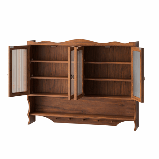 Armário de parede retro 100 cm - 4 portas, 2 níveis de armazenamento e gancho aberto - Castanho Armário de parede retro 100 cm - 4 portas, 2 níveis de armazenamento e gancho aberto - Castanho