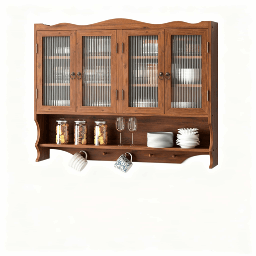 Armário de parede retro 100 cm - 4 portas, 2 níveis de armazenamento e gancho aberto - Castanho Armário de parede retro 100 cm - 4 portas, 2 níveis de armazenamento e gancho aberto - Castanho