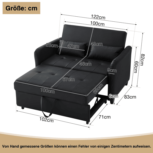 Sofá-cama multifuncional de 2 lugares - 3 níveis reclináveis, PU impermeável, conversível - Antique Black Sofá-cama multifuncional de 2 lugares - 3 níveis reclináveis, PU impermeável, conversível - Antique Black