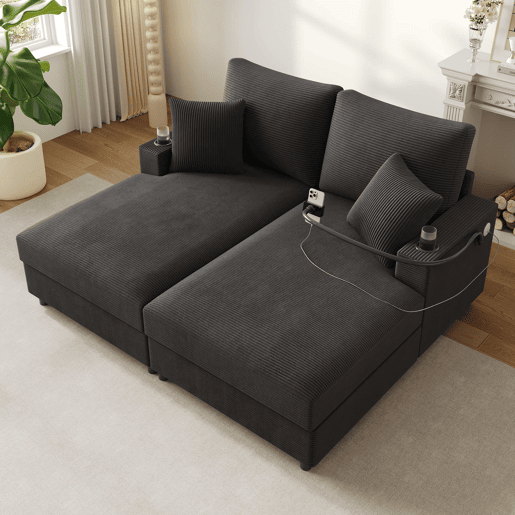 Sofá-cama XXL - Função de cama, superfície almofadada, suporte para telemóvel, USB e porta-copos - Cinza